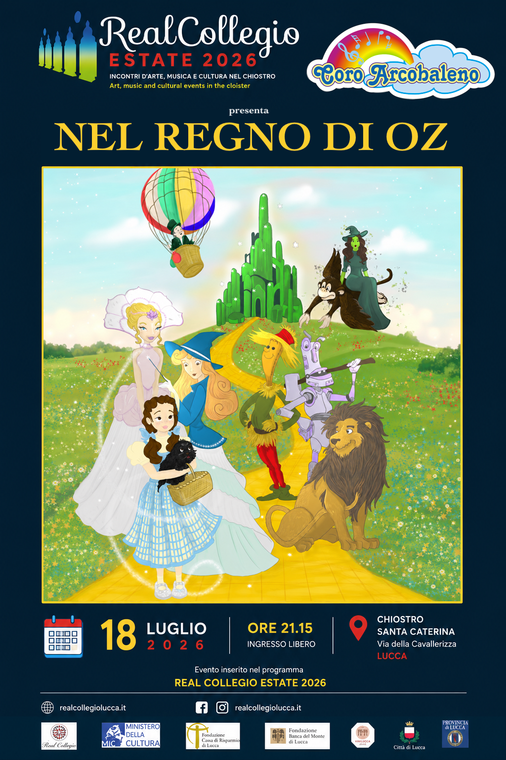Locandina dello spettacolo Nel Regno di Oz al Real Collegio di Lucca, sabato 18 luglio 2026