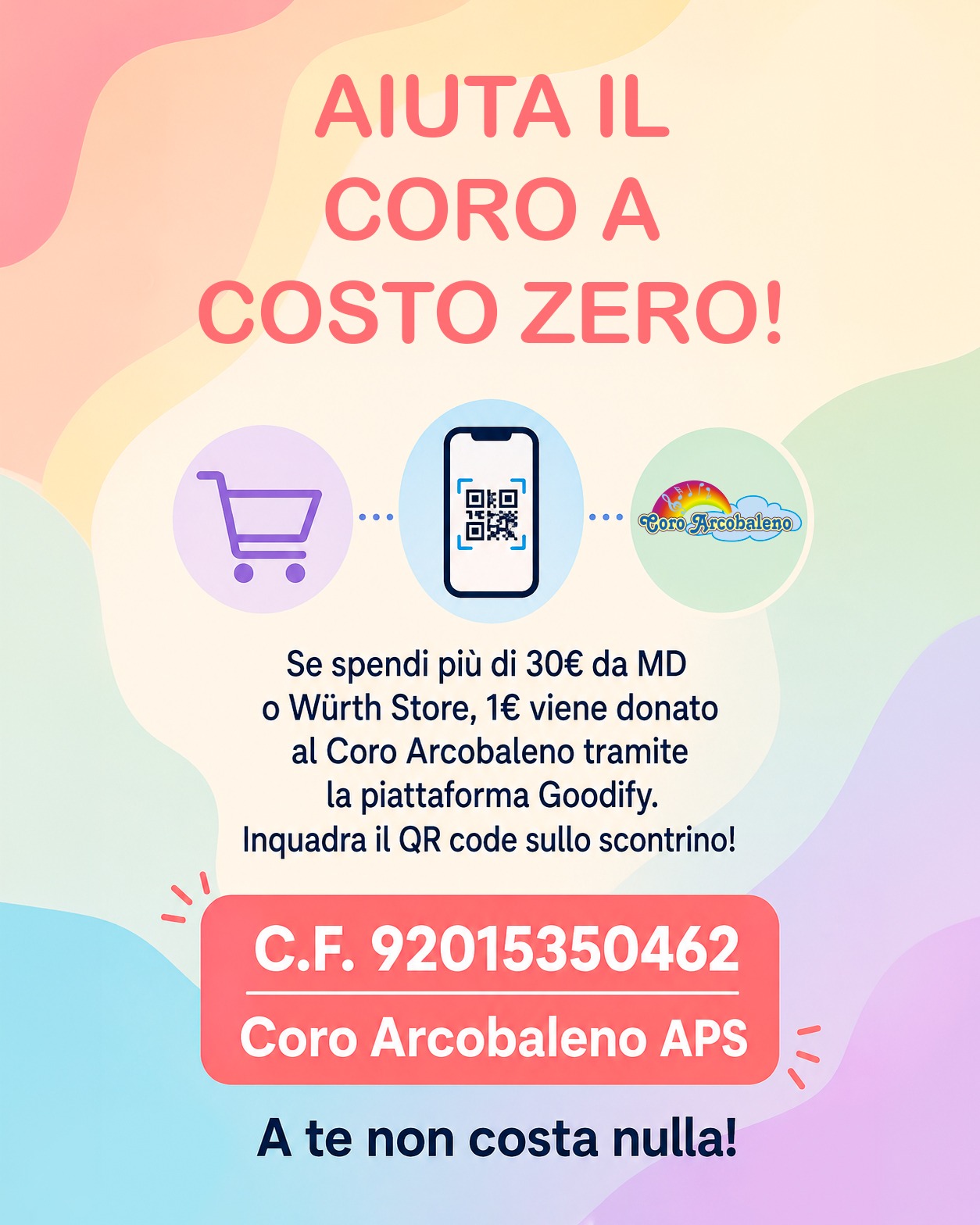 Locandina: aiuta il Coro Arcobaleno a costo zero. Se spendi più di 30 euro da MD o Würth Store, 1 euro viene donato al Coro tramite la piattaforma Goodify. Codice fiscale 92015350462.