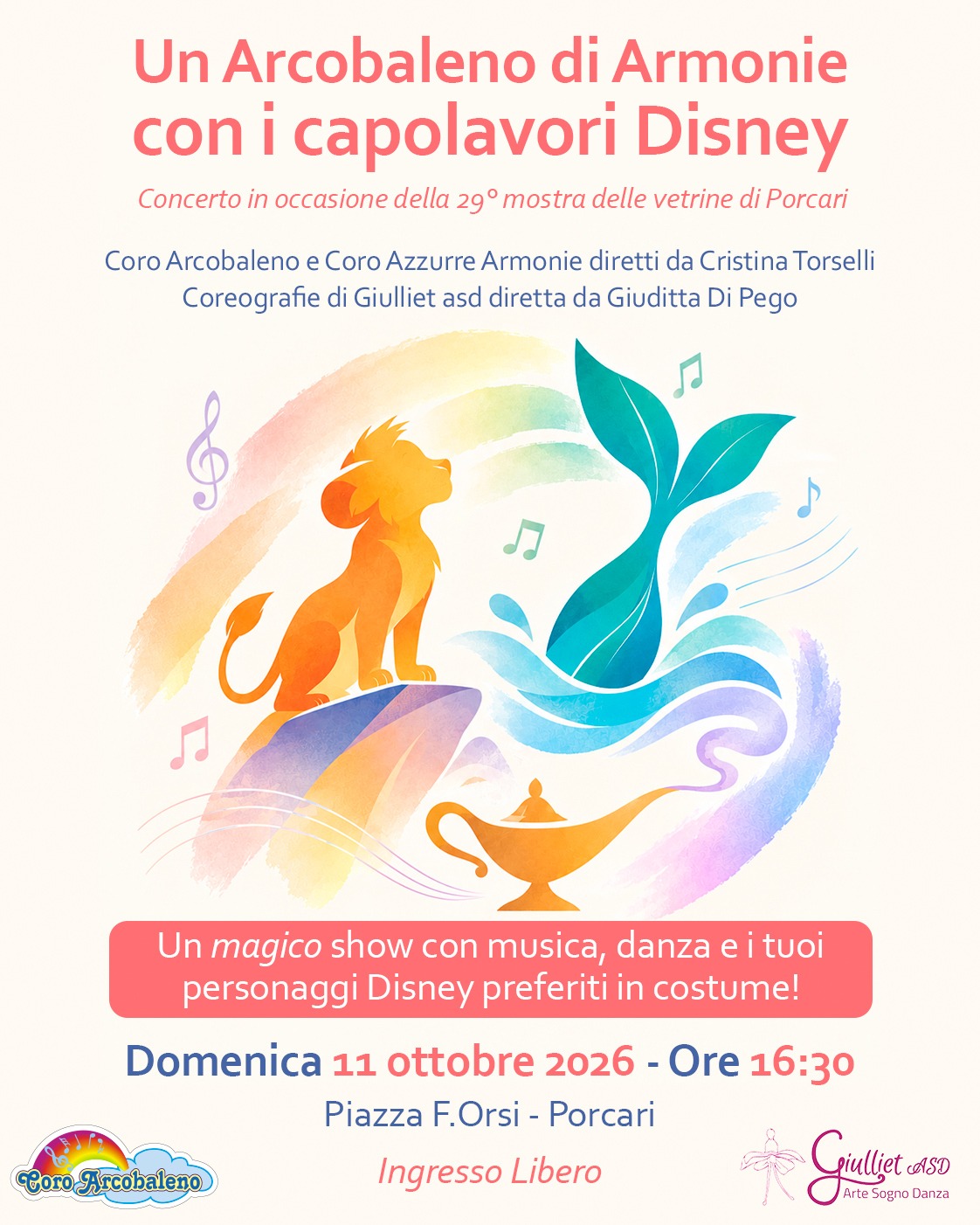 Locandina del concerto Un Arcobaleno di Armonie con i capolavori Disney in Piazza F. Orsi a Porcari, domenica 11 ottobre 2026 alle ore 16:30